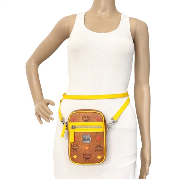 MCM Mini Multifunctional Cognac and Yellow Leather Logo Crossbody Bag - Picture 3 of 13